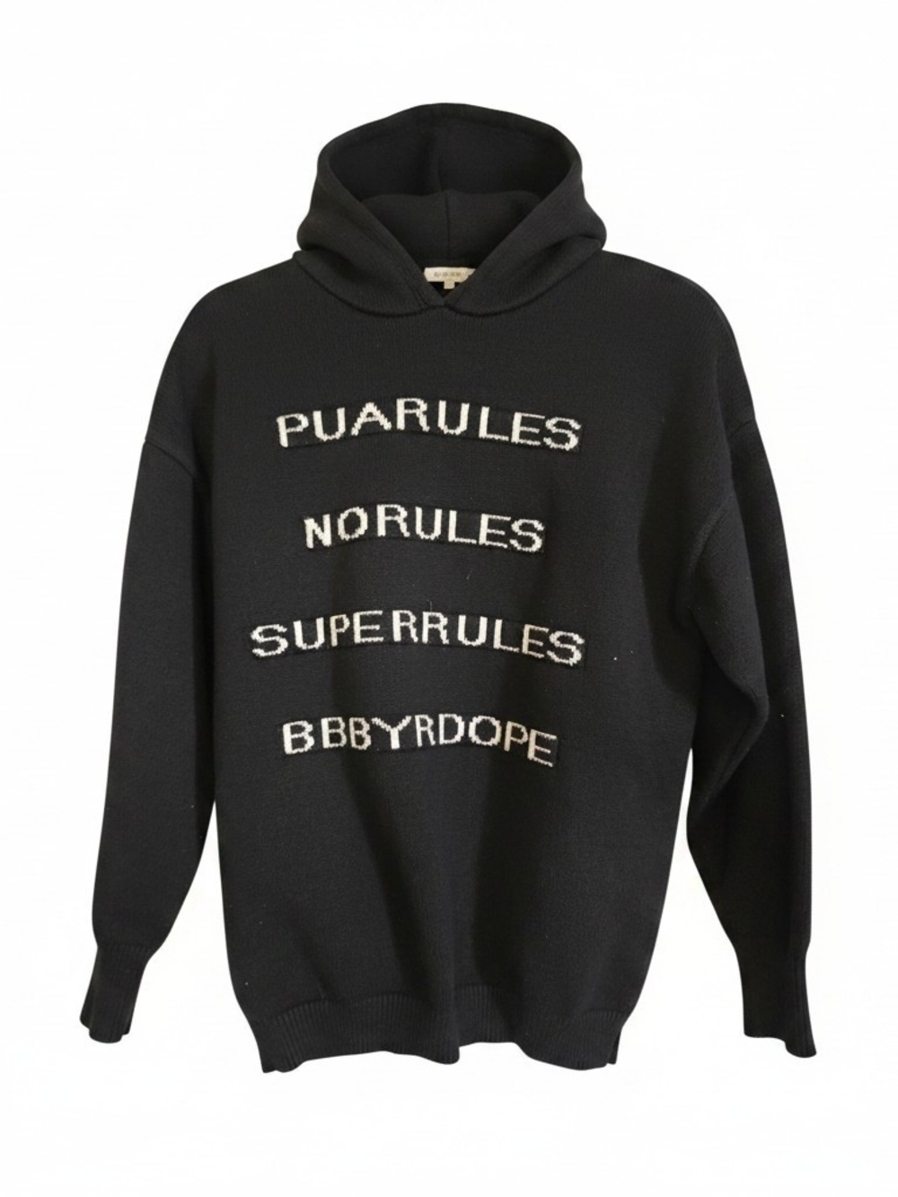 Black Graphic Knit Hoodie with Statement Text Size Medium